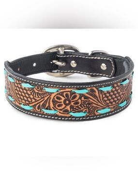 Myra Leather Tooled Turquoise Trail Cowboy Dog Collar Buckstitch L 18”-22”
